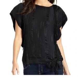 BCBG MaxAzria Black Beaded Top Large Designer Evening Blouse with Fringe